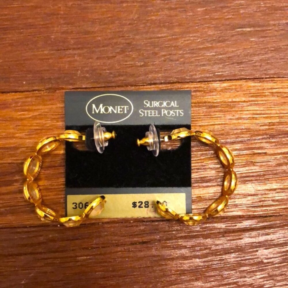 Monet Gold Tone Chain Hoop Earrings Surgical Steel Posts Vintage Style Jewelry